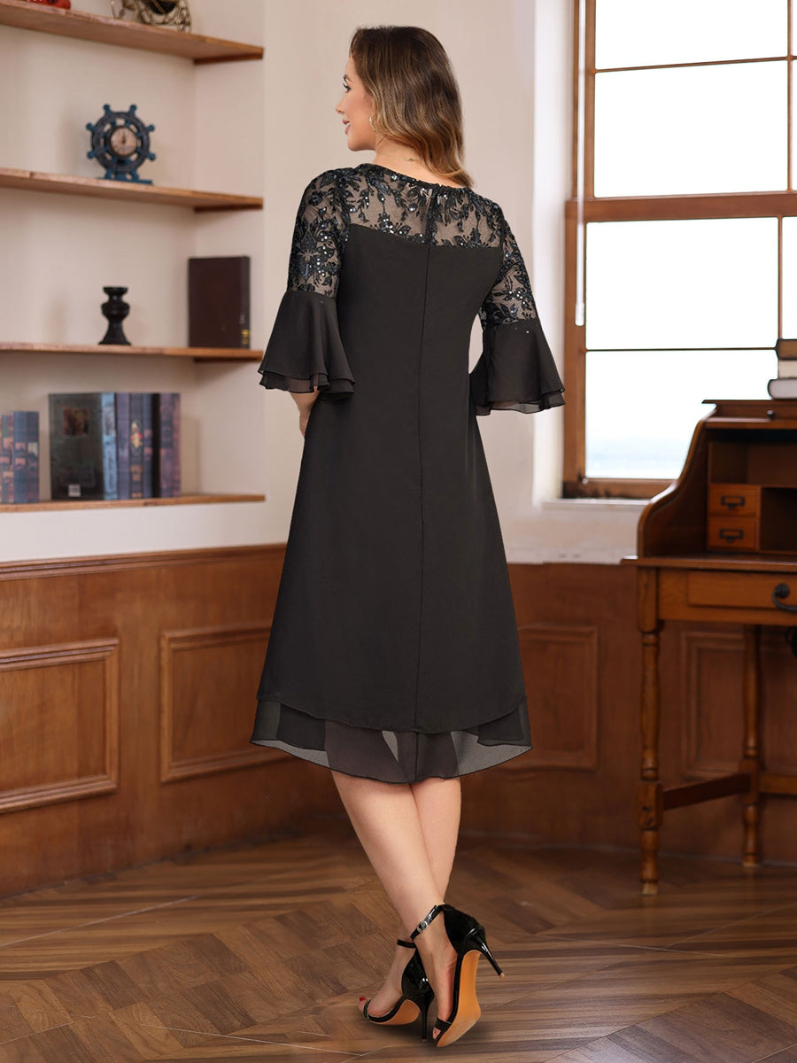 A-Line/Princess Round Neck 1/2 Sleeves Knee Length Mother of the Bride & Groom Dresses with Lace Appliques & Ruffles