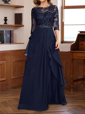 A-Line/Princess 3/4 Sleeves Floor-Length Elegant Mother of the Bride & Groom Dresses with Lace Appliques & Ruffles