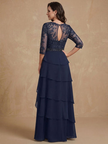 A-Line/Princess 3/4 Sleeves Floor-Length Elegant Mother of the Bride & Groom Dresses with Lace Appliques & Ruffles