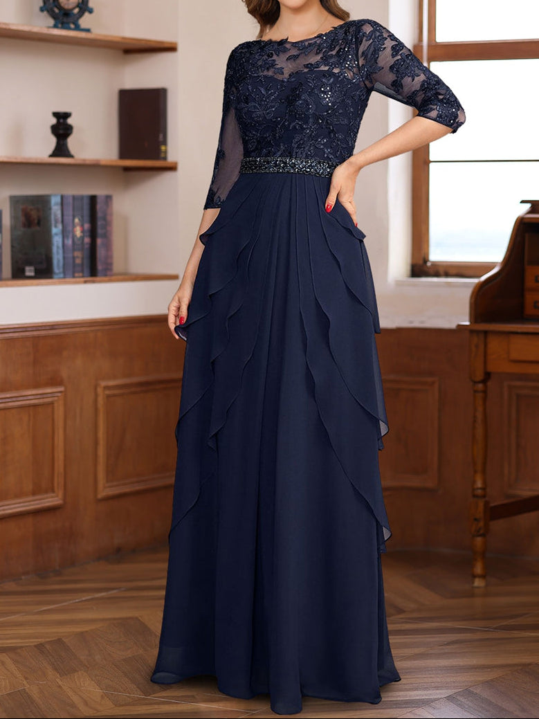 A-Line/Princess 3/4 Sleeves Floor-Length Elegant Mother of the Bride & Groom Dresses with Lace Appliques & Ruffles