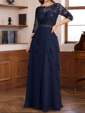A-Line/Princess 3/4 Sleeves Floor-Length Elegant Mother of the Bride & Groom Dresses with Lace Appliques & Ruffles
