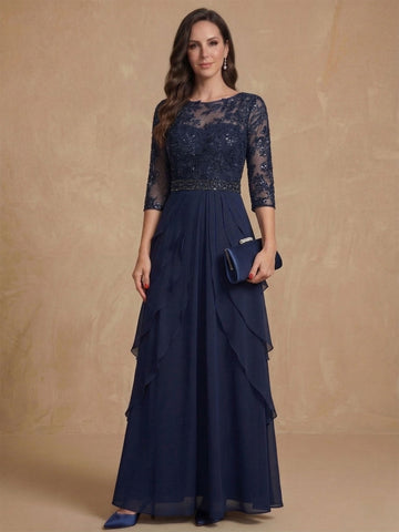 A-Line/Princess 3/4 Sleeves Floor-Length Elegant Mother of the Bride & Groom Dresses with Lace Appliques & Ruffles