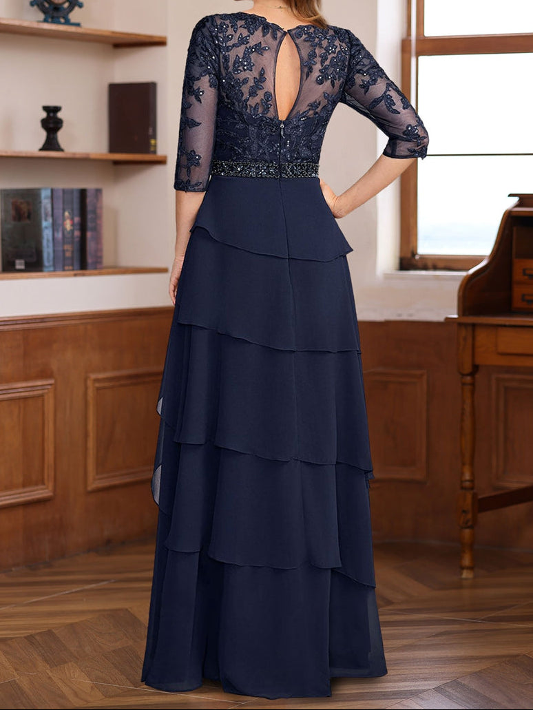 A-Line/Princess 3/4 Sleeves Floor-Length Elegant Mother of the Bride & Groom Dresses with Lace Appliques & Ruffles