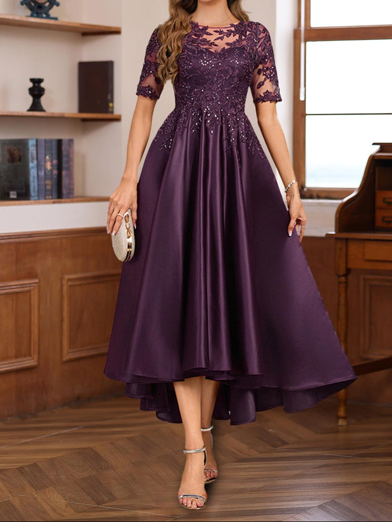 A-Line/Princess Round Neck Short Sleeves Asymmetrical Elegant Mother of the Bride & Groom Dresses with Lace Appliques