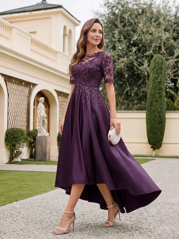A-Line/Princess Round Neck Short Sleeves Asymmetrical Elegant Mother of the Bride & Groom Dresses with Lace Appliques