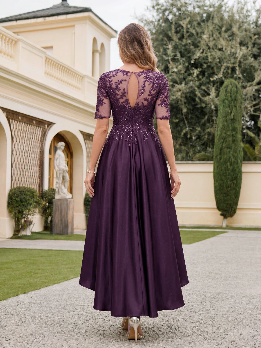 A-Line/Princess Round Neck Short Sleeves Asymmetrical Elegant Mother of the Bride & Groom Dresses with Lace Appliques