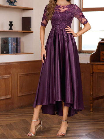 A-Line/Princess Round Neck Short Sleeves Asymmetrical Elegant Mother of the Bride & Groom Dresses with Lace Appliques