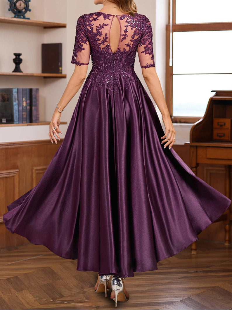 A-Line/Princess Round Neck Short Sleeves Asymmetrical Elegant Mother of the Bride & Groom Dresses with Lace Appliques