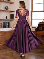 A-Line/Princess Round Neck Short Sleeves Asymmetrical Elegant Mother of the Bride & Groom Dresses with Lace Appliques