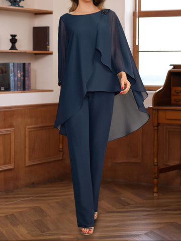 2 Pieces Chiffon Round Neck Floor-Length Mother of the Bride Pantsuits with Ruffles & Sequins & Beading