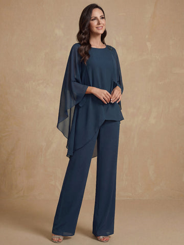 2 Pieces Chiffon Round Neck Floor-Length Mother of the Bride Pantsuits with Ruffles & Sequins & Beading