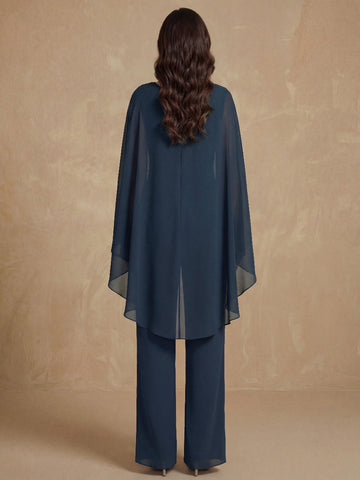 2 Pieces Chiffon Round Neck Floor-Length Mother of the Bride Pantsuits with Ruffles & Sequins & Beading