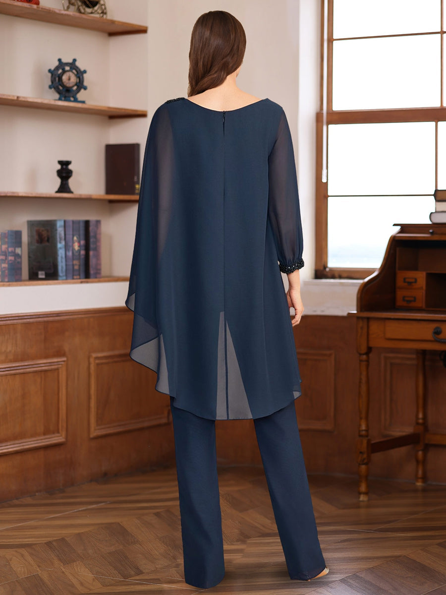 2 Pieces Chiffon Round Neck Floor-Length Mother of the Bride Pantsuits with Ruffles & Sequins & Beading