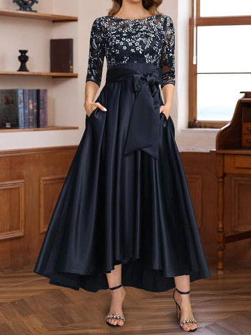 A-Line 3/4 Sleeves Asymmetrical Lace Mother of the Bride & Groom Dresses with Appliques & Bow Belt
