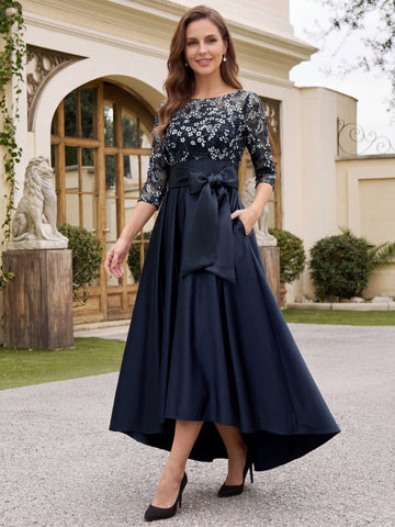 A-Line 3/4 Sleeves Asymmetrical Lace Mother of the Bride & Groom Dresses with Appliques & Bow Belt