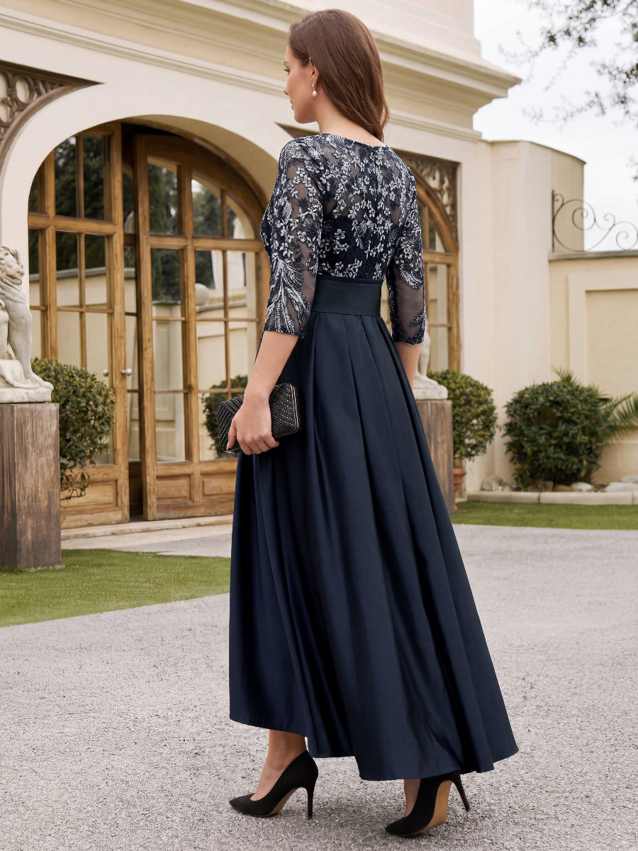 A-Line 3/4 Sleeves Asymmetrical Lace Mother of the Bride & Groom Dresses with Appliques & Bow Belt