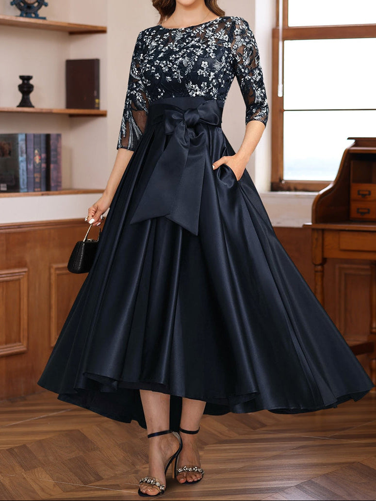 A-Line 3/4 Sleeves Asymmetrical Lace Mother of the Bride & Groom Dresses with Appliques & Bow Belt