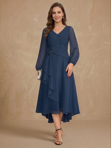 A-Line V-Neck Long Sleeves Tea Length Mother of the Bride & Groom Dresses with Pleats & Appliques