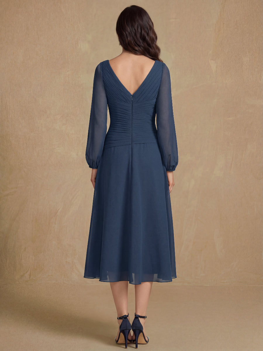 A-Line V-Neck Long Sleeves Tea Length Mother of the Bride & Groom Dresses with Pleats & Appliques