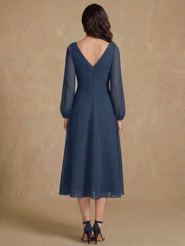 A-Line V-Neck Long Sleeves Tea Length Mother of the Bride & Groom Dresses with Pleats & Appliques
