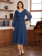 A-Line V-Neck Long Sleeves Tea Length Mother of the Bride & Groom Dresses with Pleats & Appliques