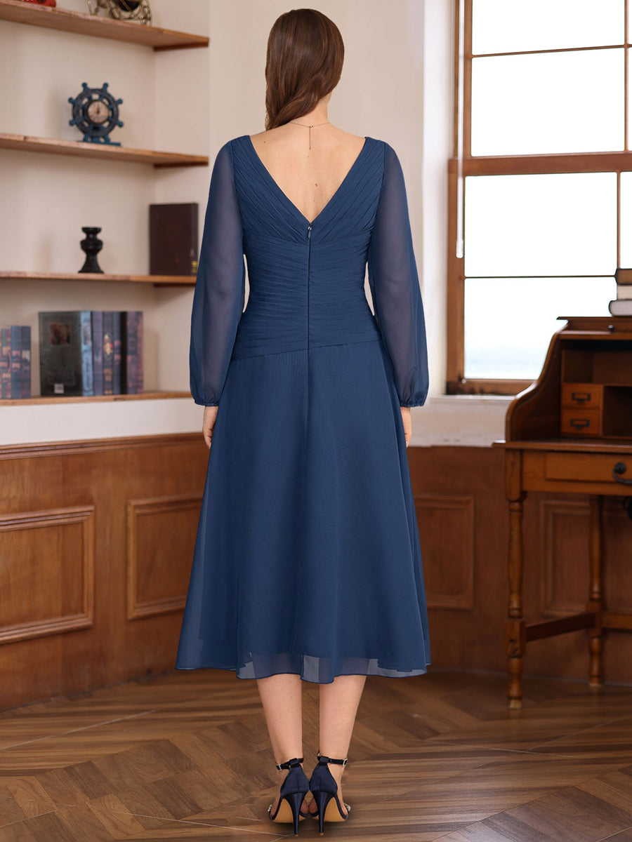 A-Line V-Neck Long Sleeves Tea Length Mother of the Bride & Groom Dresses with Pleats & Appliques