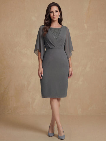 Sheath/Column V-Neck Half Sleeves Knee Length Mother of the Bride & Groom Dresses with Sequins