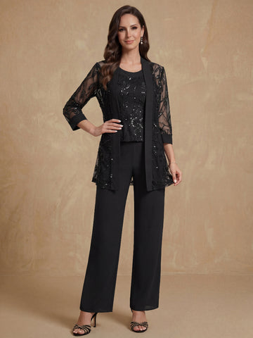 3 Pieces Chiffon Round Neck Floor-Length Mother of the Bride Pantsuits with Sequins