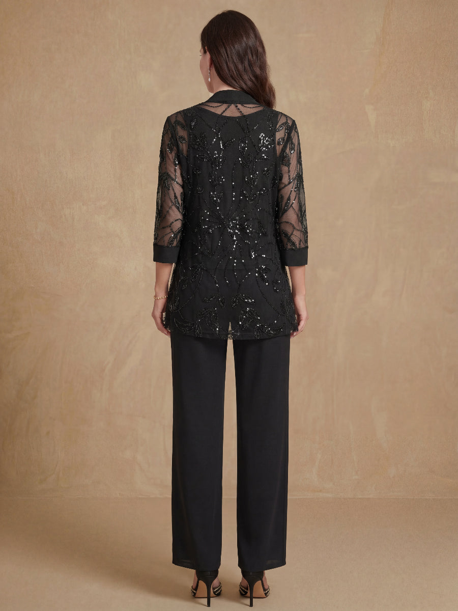 3 Pieces Chiffon Round Neck Floor-Length Mother of the Bride Pantsuits with Sequins