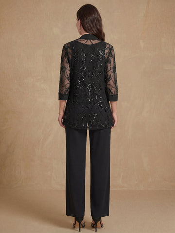 3 Pieces Chiffon Round Neck Floor-Length Mother of the Bride Pantsuits with Sequins