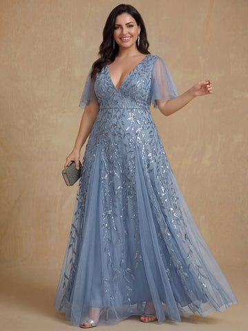 A-Line/Princess V-Neck Short Sleeves Floor-Length Plus Size Mother Of The Bride Dresses with Sequins