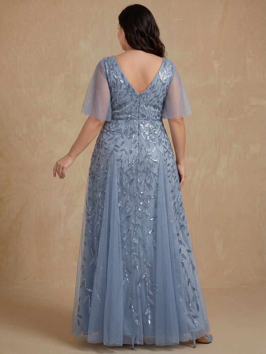 A-Line/Princess V-Neck Short Sleeves Floor-Length Plus Size Mother Of The Bride Dresses with Sequins