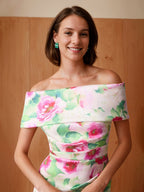 Sheath/Column Off-the-Shoulder Floor-Length Printed Floral Plus Size Mother of the Bride Dresses with Ruches