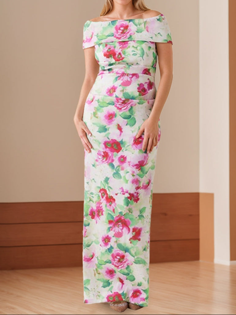 Sheath/Column Off-the-Shoulder Floor-Length Printed Floral Mother of the Bride Dresses with Ruches