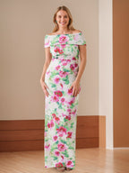 Sheath/Column Off-the-Shoulder Floor-Length Printed Floral Plus Size Mother of the Bride Dresses with Ruches