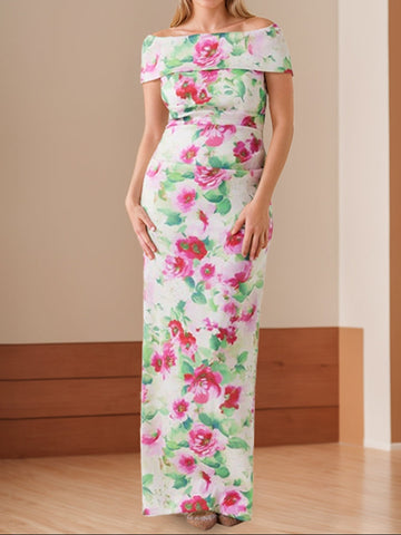 Sheath/Column Off-the-Shoulder Floor-Length Printed Floral Mother of the Bride Dresses with Ruches