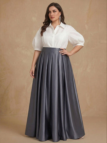 A-Line/Princess Shirt Collar Short Sleeves Floor-Length 2 pieces Satin Plus Size Mother Of The Bride Dresses with Bowknot