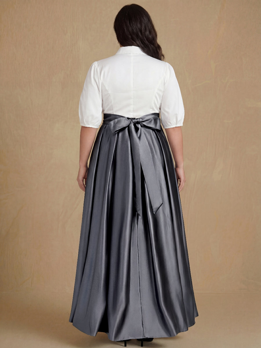 A-Line/Princess Shirt Collar Short Sleeves Floor-Length 2 pieces Satin Plus Size Mother Of The Bride Dresses with Bowknot