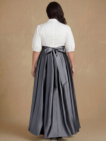 A-Line/Princess Shirt Collar Short Sleeves Floor-Length 2 pieces Satin Plus Size Mother Of The Bride Dresses with Bowknot