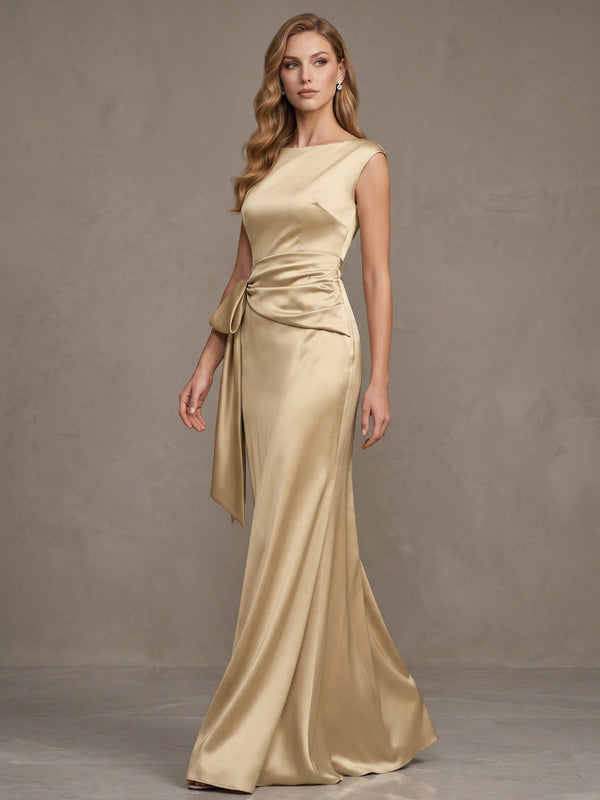 Sheath/Column Scoop Sleeveless Floor-Length Evening Dresses with Bow & Shoulder Pad
