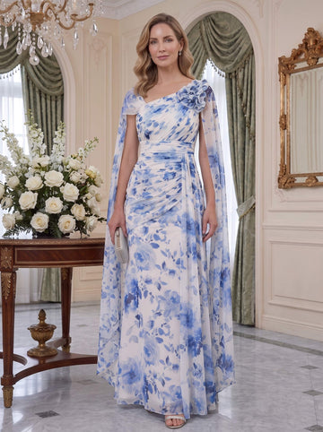 A-Line/Princess V-Neck Pleated Printed Floral Mother of the Bride Dresses with Ruffles & 3D Flower