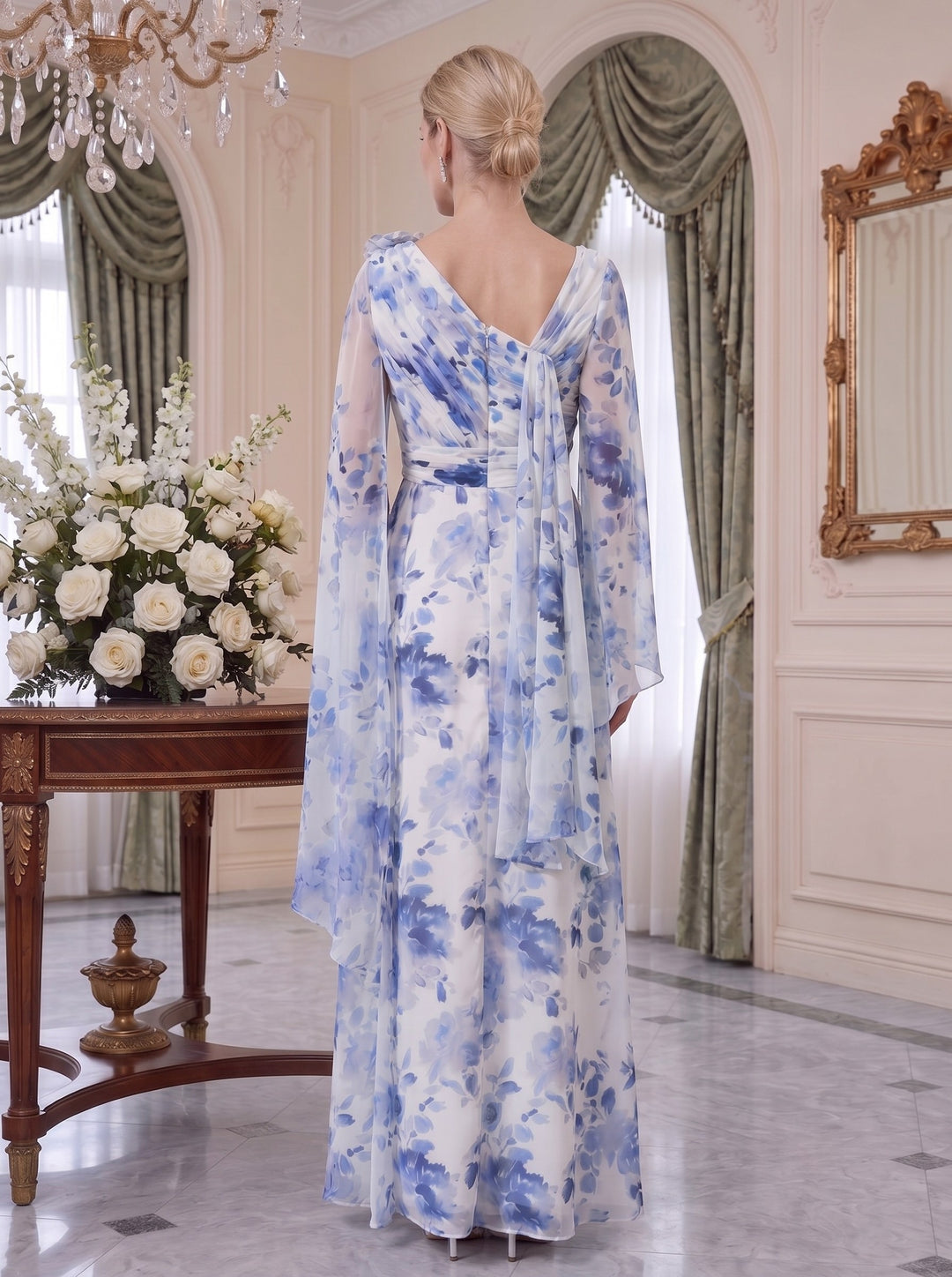 A-Line/Princess V-Neck Pleated Printed Floral Mother of the Bride Dresses with Ruffles & 3D Flower
