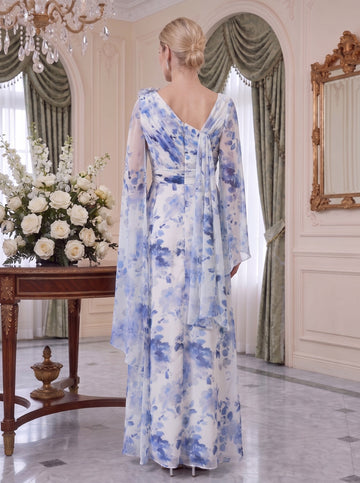 A-Line/Princess V-Neck Pleated Printed Floral Mother of the Bride Dresses with Ruffles & 3D Flower