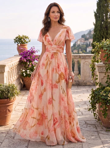 A-Line/Princess V-Neck Short Sleeves Printed Floral Mother of the Bride Dresses with Ruffles