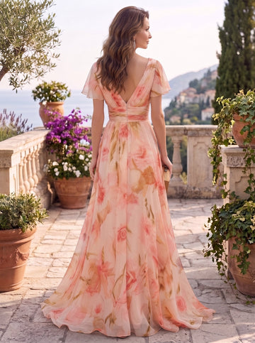 A-Line/Princess V-Neck Short Sleeves Printed Floral Mother of the Bride Dresses with Ruffles
