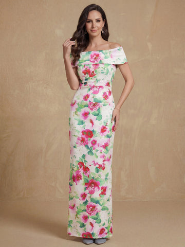 Sheath/Column Off-the-Shoulder Floor-Length Printed Floral Mother of the Bride Dresses with Ruches