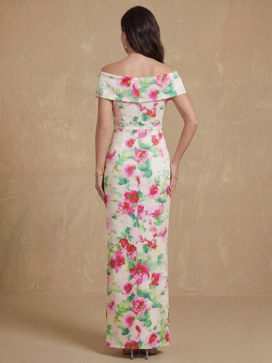 Sheath/Column Off-the-Shoulder Floor-Length Printed Floral Mother of the Bride Dresses with Ruches