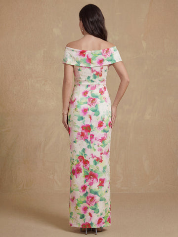 Sheath/Column Off-the-Shoulder Floor-Length Printed Floral Mother of the Bride Dresses with Ruches