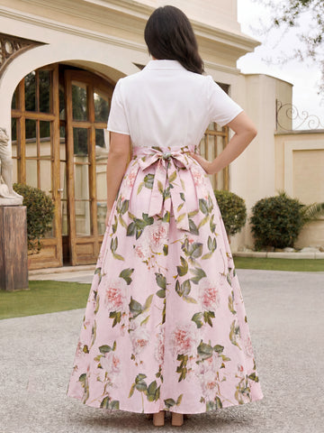 A-Line/Princess Shirt Collar Short Sleeves Floor-Length Printed Floral Plus Size Mother of the Bride Dresses with Bow Belt