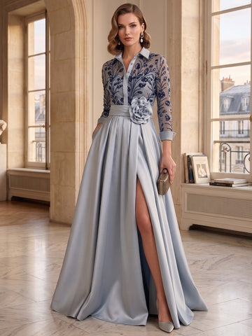 A-Line/Princess Shirt Collar Long Sleeves Floor-Length Mother of the Bride Dresses with Appliques & Flower Belt
